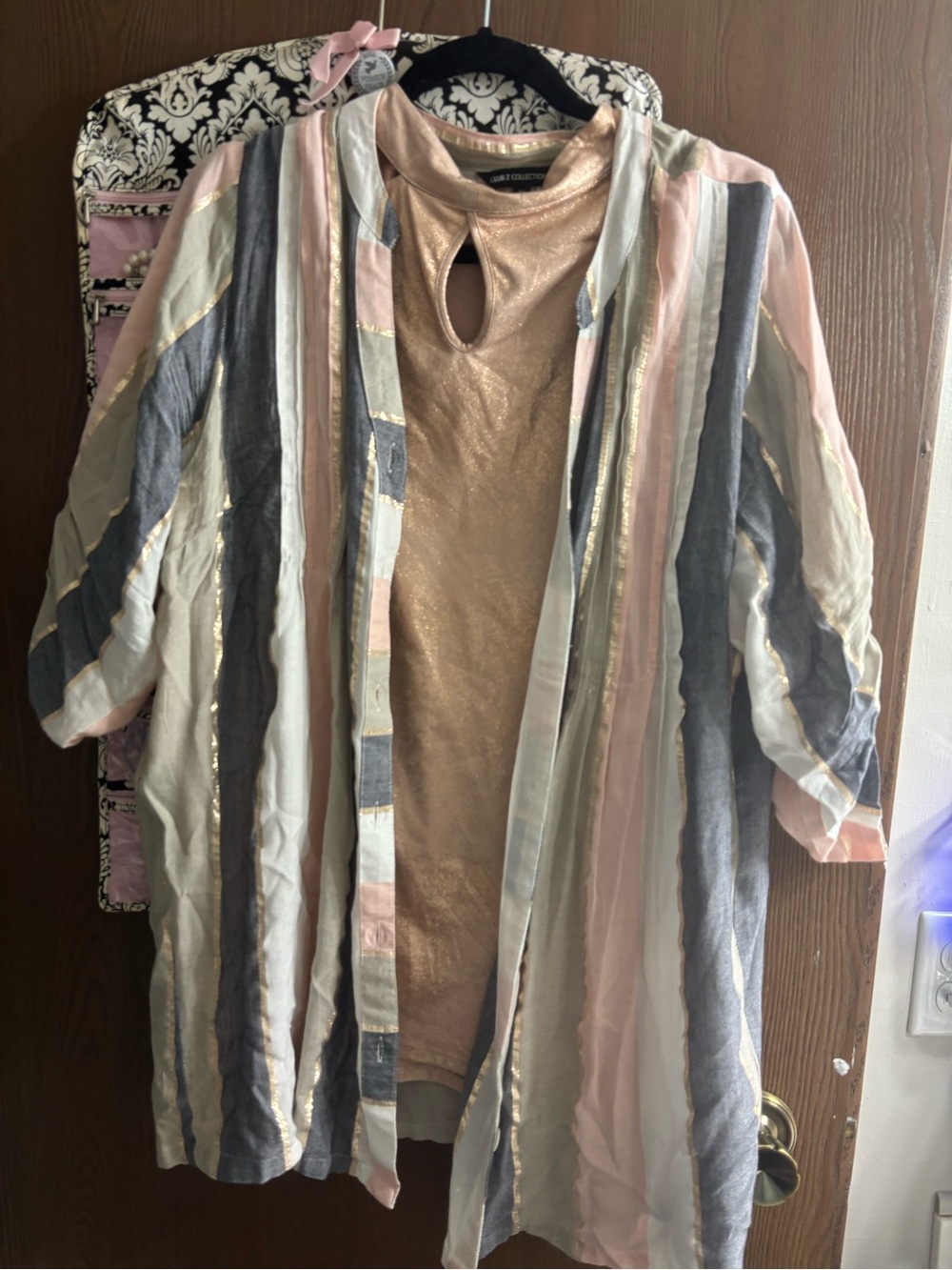 Worthington Striped Open-Front Kimono Jacket in Pink, Gray & Cream